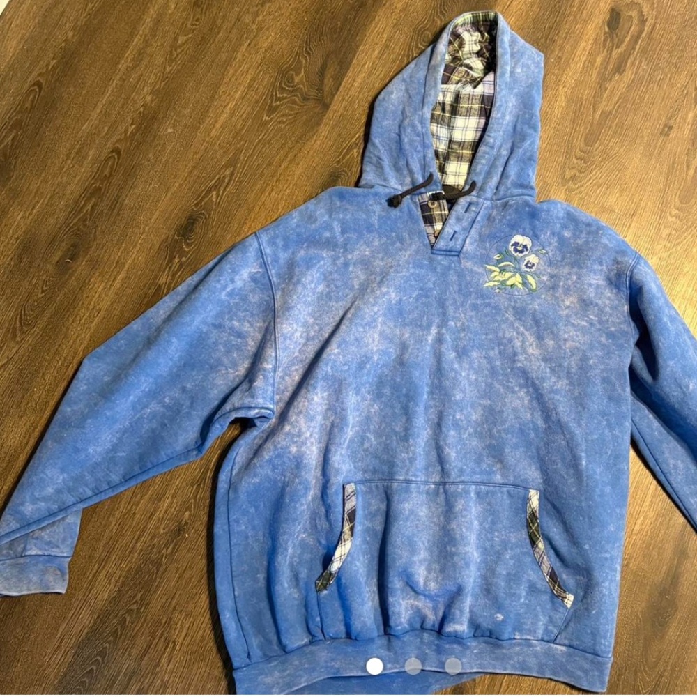 Blue Hoodie with Floral Embroidery flannel hood details